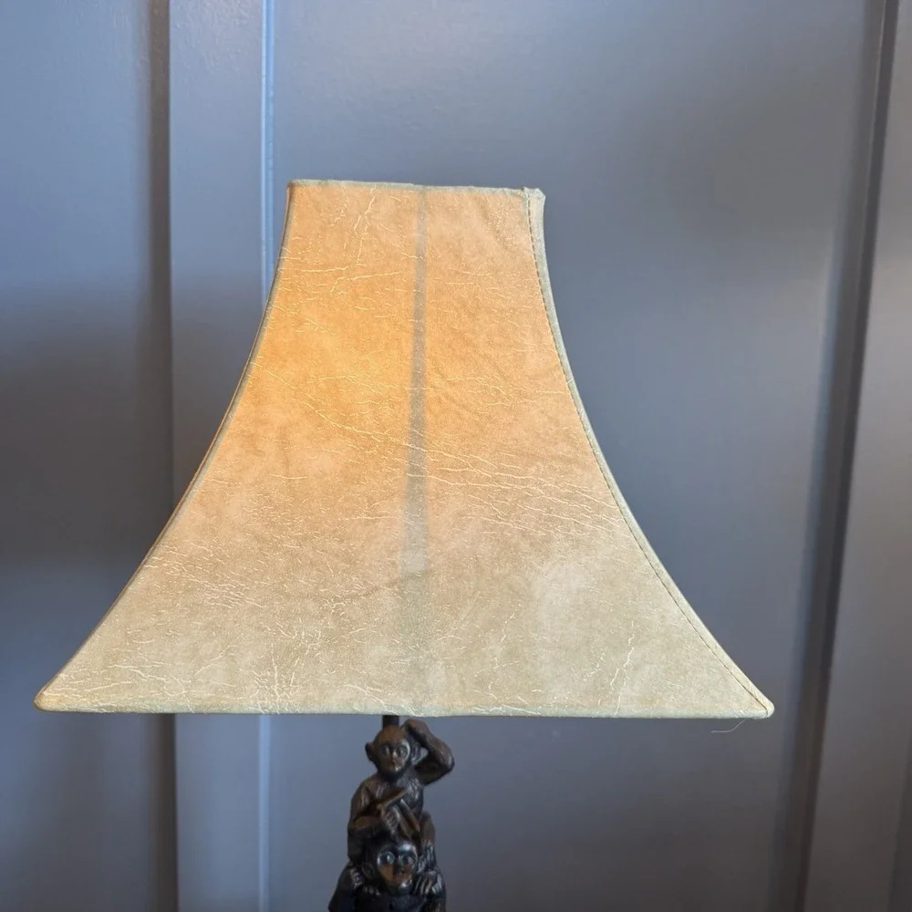 Vintage Monkey Stack Table Lamp Resin Safari Jungle Faux Leather Shade 21